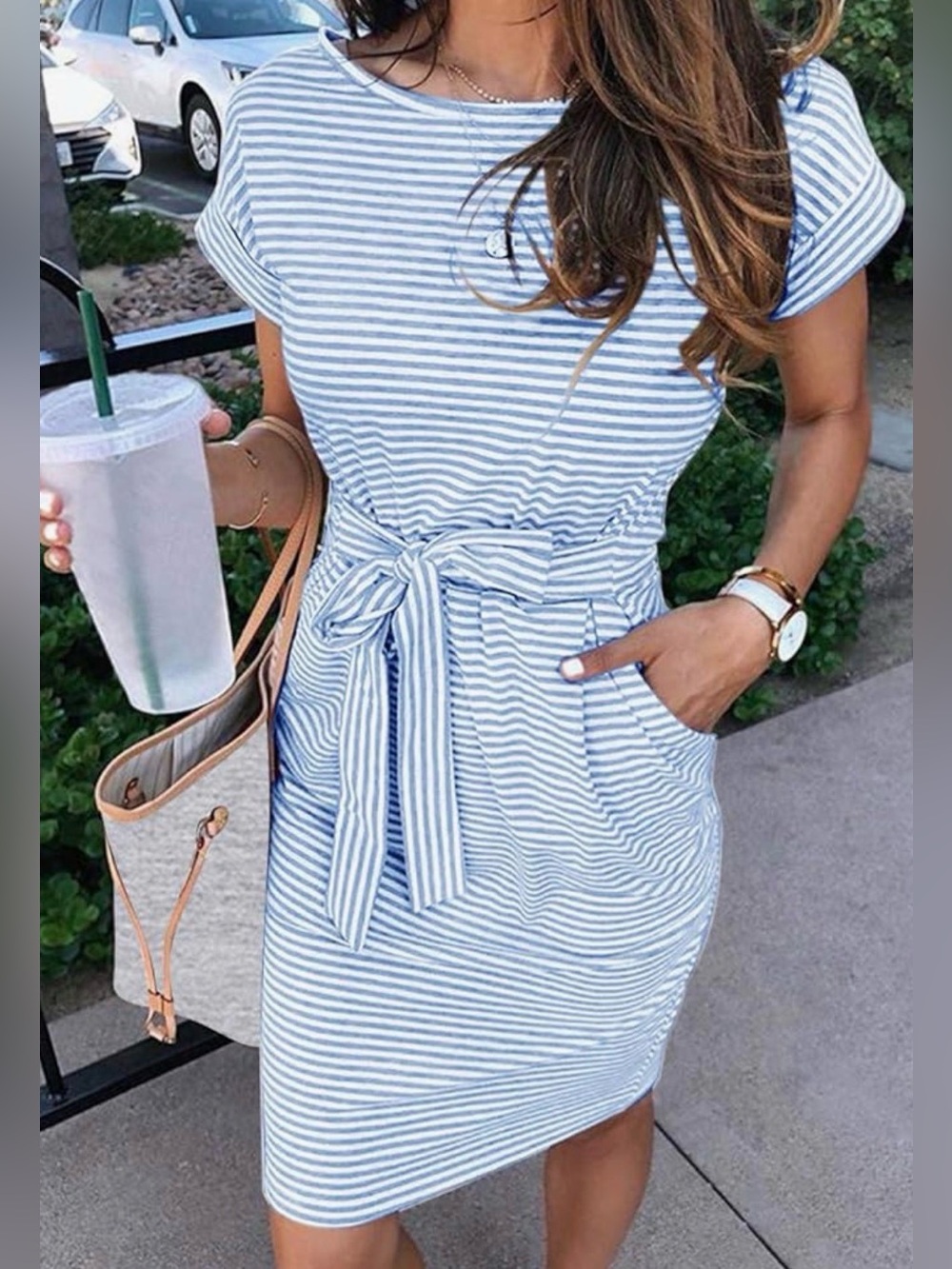 MEROKEETY TIE WAIST STRIPED POCKETS SHIRT DRESS